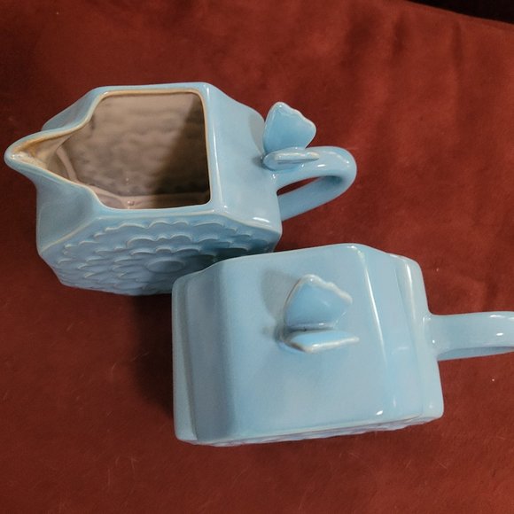 Department 56 Collectible Blue Butterfly Ceramic Creamer and Sugar Set, Embossed - Picture 1 of 4